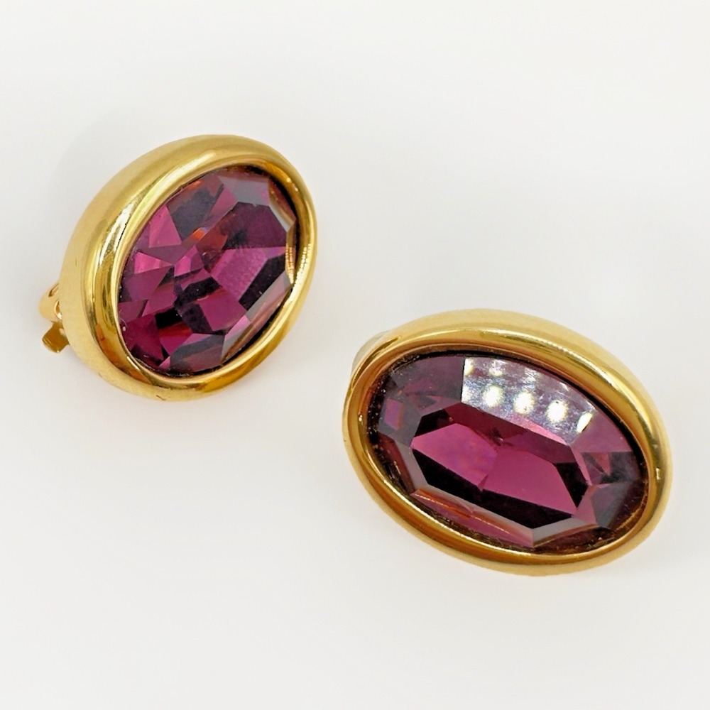 Vintage Swarovski  Clip on Earring Purple Crystal Gold Tone Oval SAL